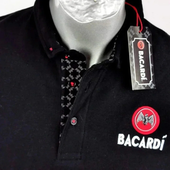 Bacardi Rum Mens Polo Shirt Black Size M Rum Bartender Cotton New Tags - Picture 2 of 7